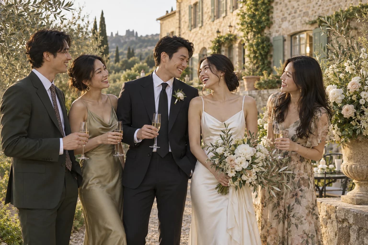 A bride and groom enjoying their wedding with friends